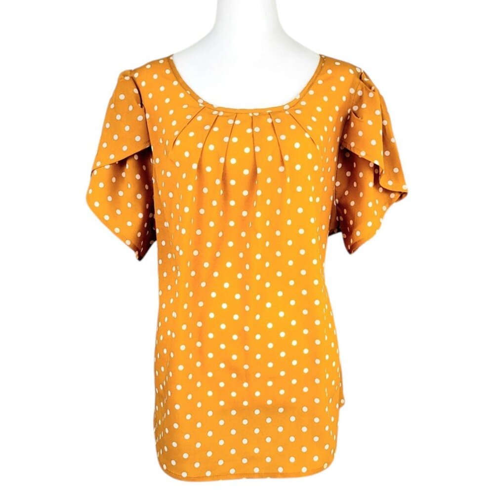 Women's Plus 2X Yellow Polka Dot Flutter Sleeve Blouse - Round Tiered Neckline